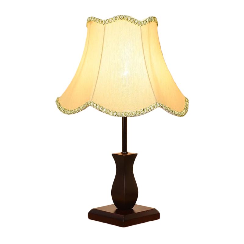 Single-Bulb Table Lighting Country Paneled Bell Scalloped Fabric Night Stand Lamp in Beige/Burgundy