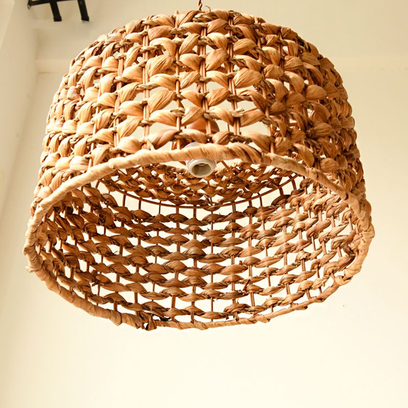 Iluminación colgante de tambor marrón Rattan tradicional 1 lámpara colgante de bombillas para comedor