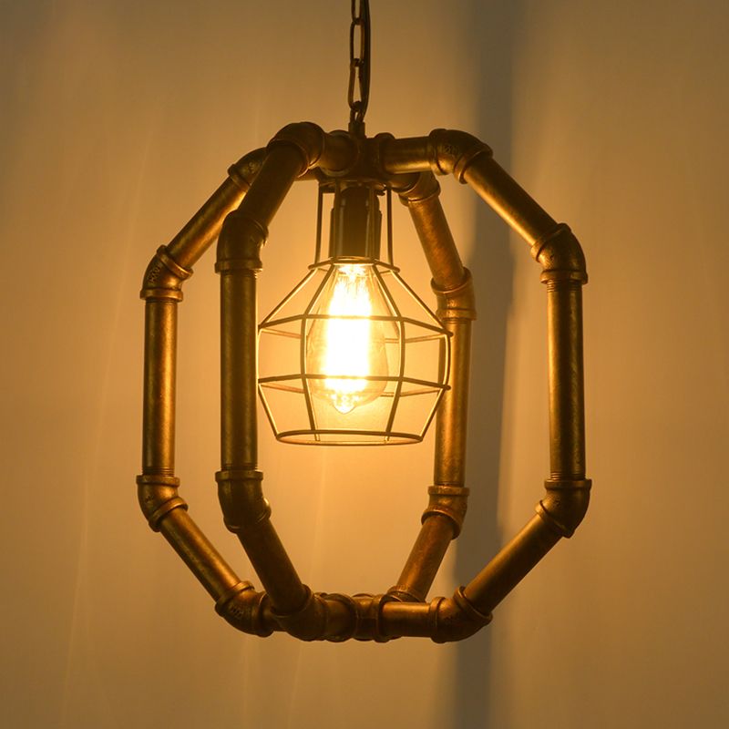 Metal Dual Cage Ceiling Hanging Lantern Industrial 1 Bulb Dining Room Pendant Light in Brass