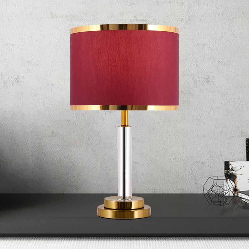 Circular Sitting Room Table Light Traditional Fabric Shade 1 Bulb Burgundy/Beige Crystal Night Stand Lamp