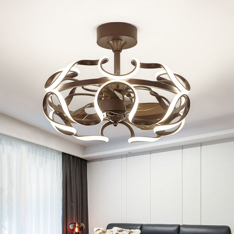 3-Blade Metal Geometry Semi Flush Mount Modernism 26" Wide LED Brown Ceiling Fan Light Fixture