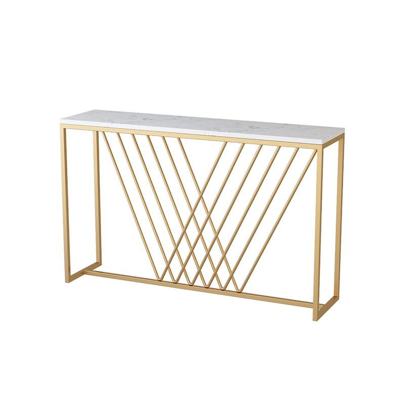 Glam Style Console Table with Rectangle Marble Top and Iron Trestle Base