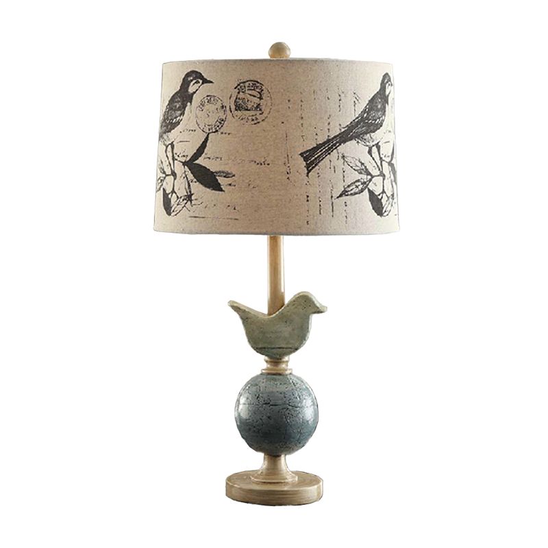 Printed Fabric Drum Table Lamp Novelty Modern Single Beige Night Light with Bird and Globe Base