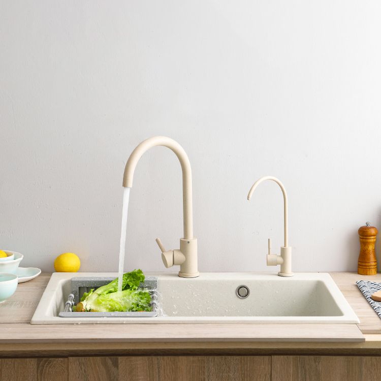 Beige Granite Kitchen Sink with Basket Strainer 2 Holes Sink