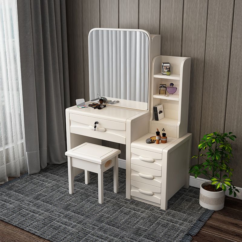 Traditional Rubberwood Make-up Vanity with Mirror and Stool,5 Drawers