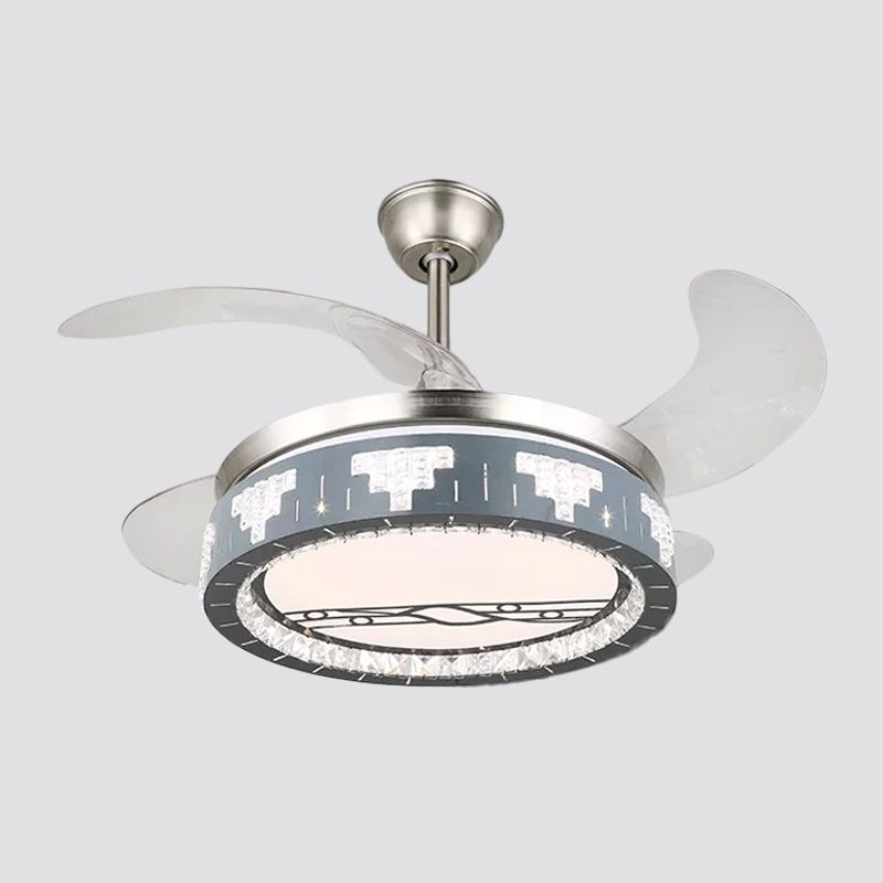 4-Blade Faceted Crystal Round Pendant Fan Light Modernity LED Silver Semi Mount Lighting, 19" Wide