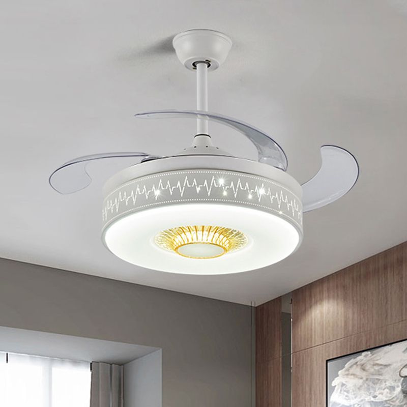 Drum Bedroom Semi Flush Light Minimalist Metal LED 42" Wide White Fan Lamp with Remote/Wall Control, 4 Blades