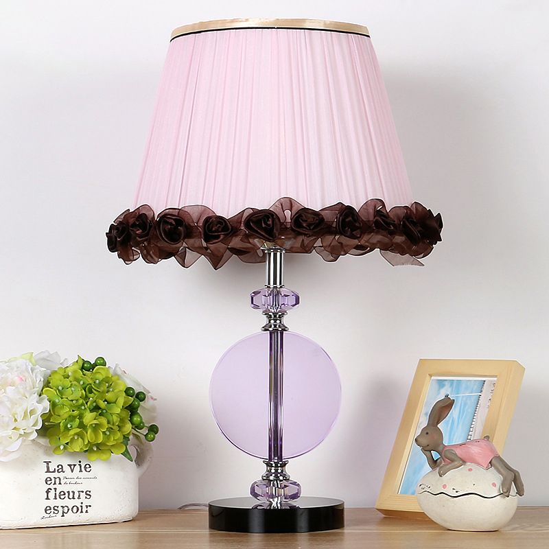 Modernism 1-Light Nightstand Lamp Pink Pleated Shade Night Table Lighting with K9 Crystal