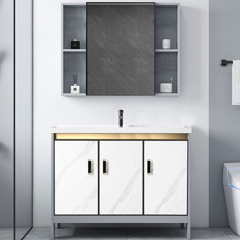 Ceramic Top Bathroom Vanity White Rectangle Single Sink Freestanding Mirror Vanity Set