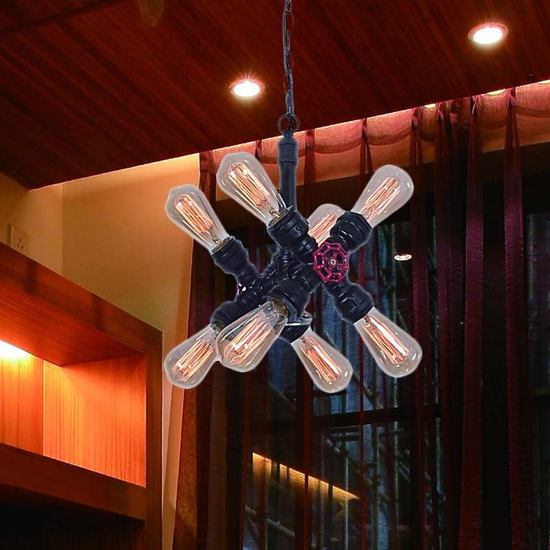 Farmhouse Cross Rohranhänger Kronleuchter 8 Lichter Metallhänge Deckenlampe in Schwarz für Wohnzimmer