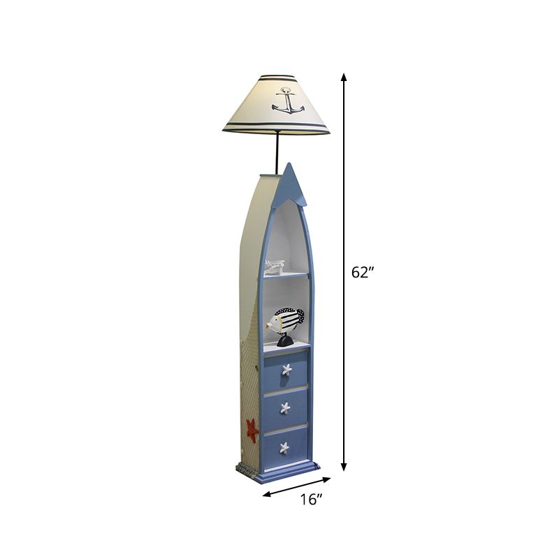 Barrel Fabric Stand Up Lamp Kids Single Bulb White Floor Standing Lamp with Blue Wooden Shelf