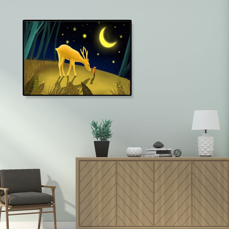 Soft Color Kids Wall Art Illustration Deer in the Late Night Forest Canvas Print for Bedroom