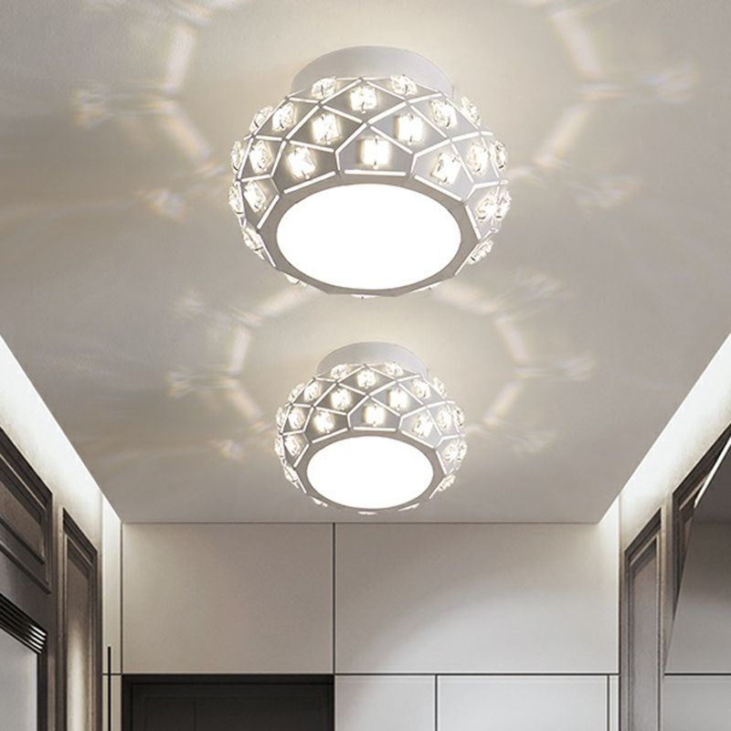 Artistic Drum Shaped Flush Light Crystal Corridor LED Flush Ceiling Light Fixture in White