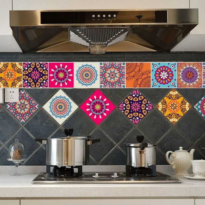 Boho-Chic Mandala Wallpaper Panels for Kitchen 8' L x 8" W Adhesive Wall Art in Orange