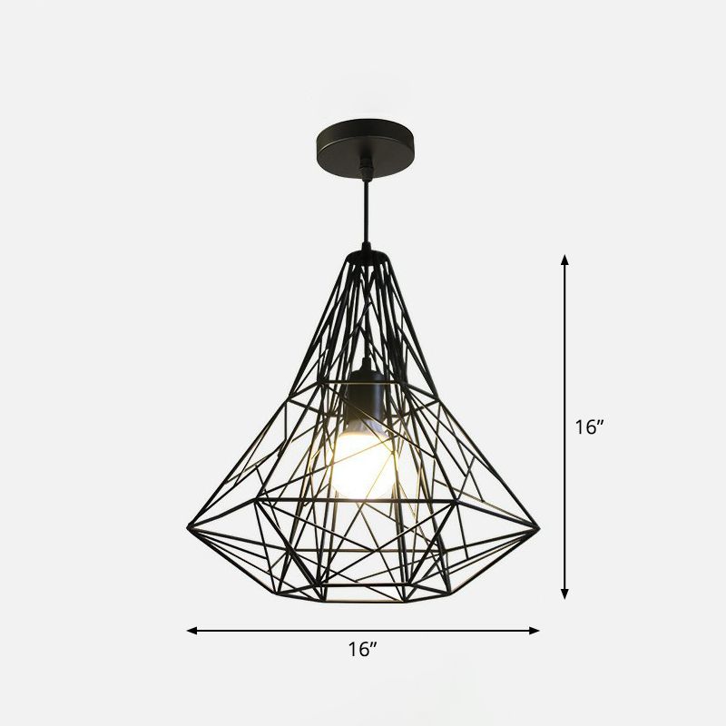 Iron Wire Diamond Pendant Lamp Loft Style 1 Bulb Restaurant Ceiling Hang Light in Black