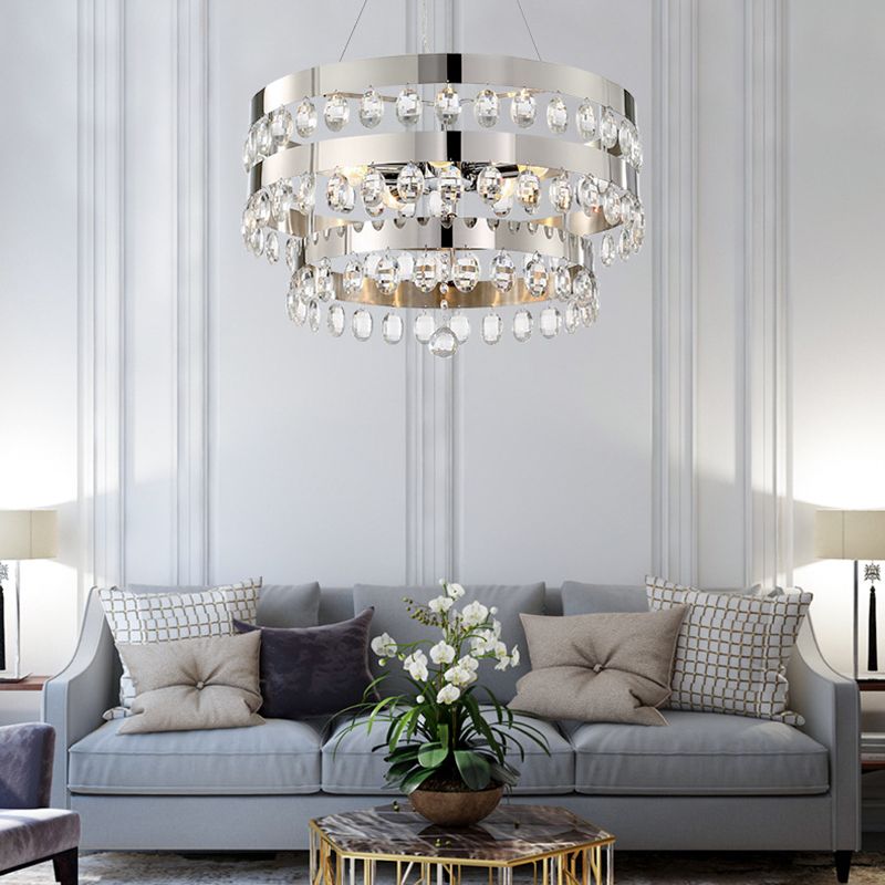 Crystal Multi-Layer Suspension Lamp Contemporary 5 Lights Silver Chandelier Pendant for Living Room