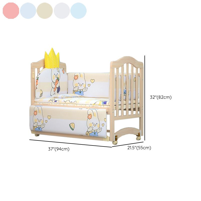 Pine Wood Scandinavian Nursery Bed Animal Print Crib with Wheels