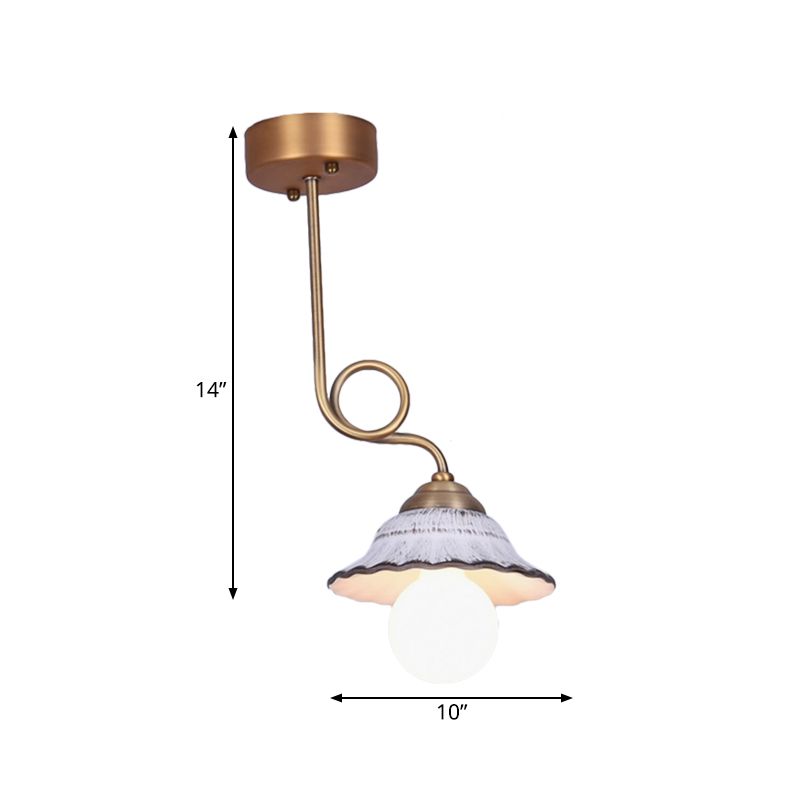 Ceramics Scalloped Cone Semi Flush Light Korea Country 1/2/3-Bulb Coffee House Close to Ceiling Lamp in White with Brass Spiral Arm