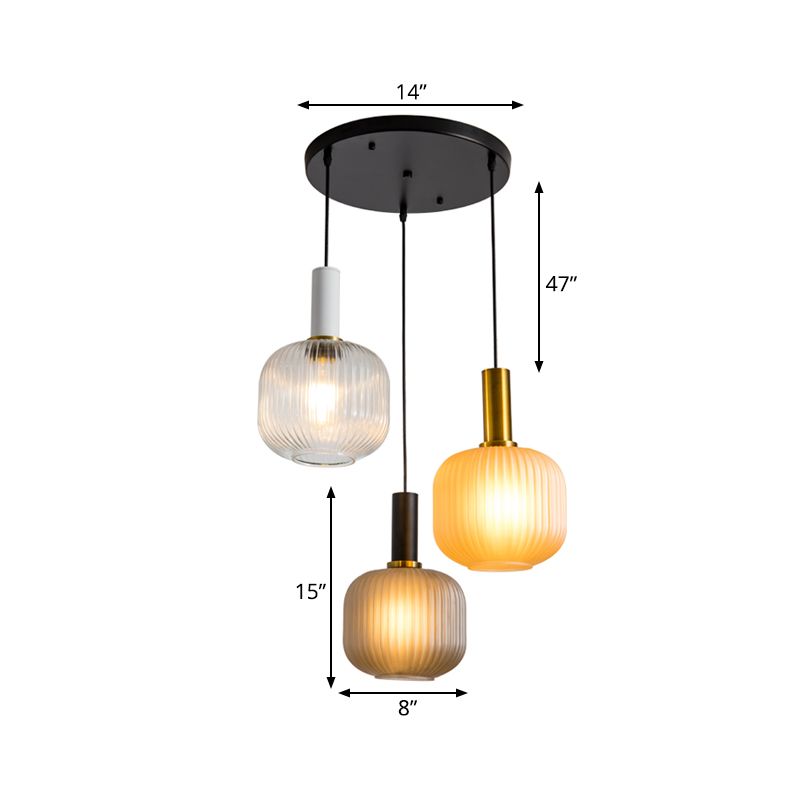 Modern Cluster Jar Pendant Colored Ribbed Glass 3 Lights Gold Suspended Lighting Fixture