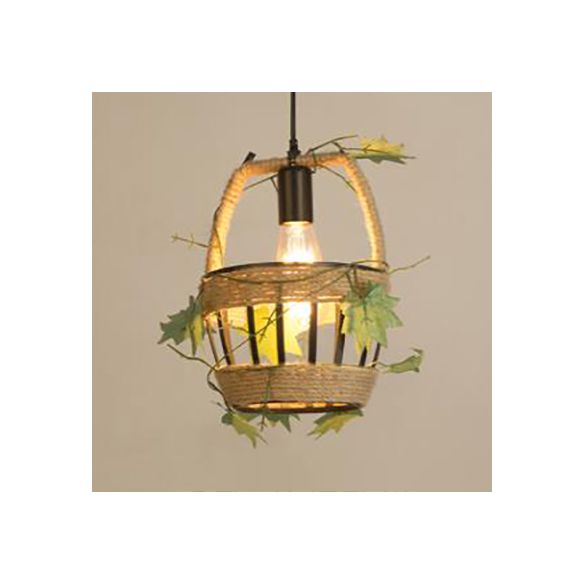 Beige 1 Light Hanging Lampada in stile Country Metal and Rope Globe/Barrel Cage Cioncant Lighting for Coffee Shop