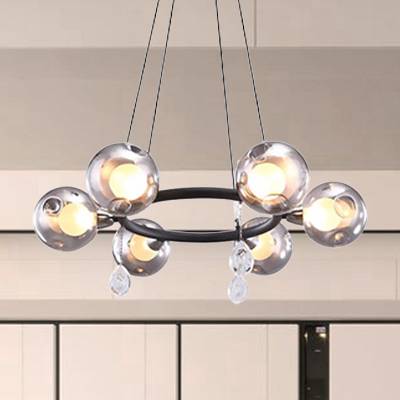 Modernist Ball Chandelier Pendant Smoke Dimpled Blown Glass 6/8 Lights Led Hanging Ceiling Lamp in Black