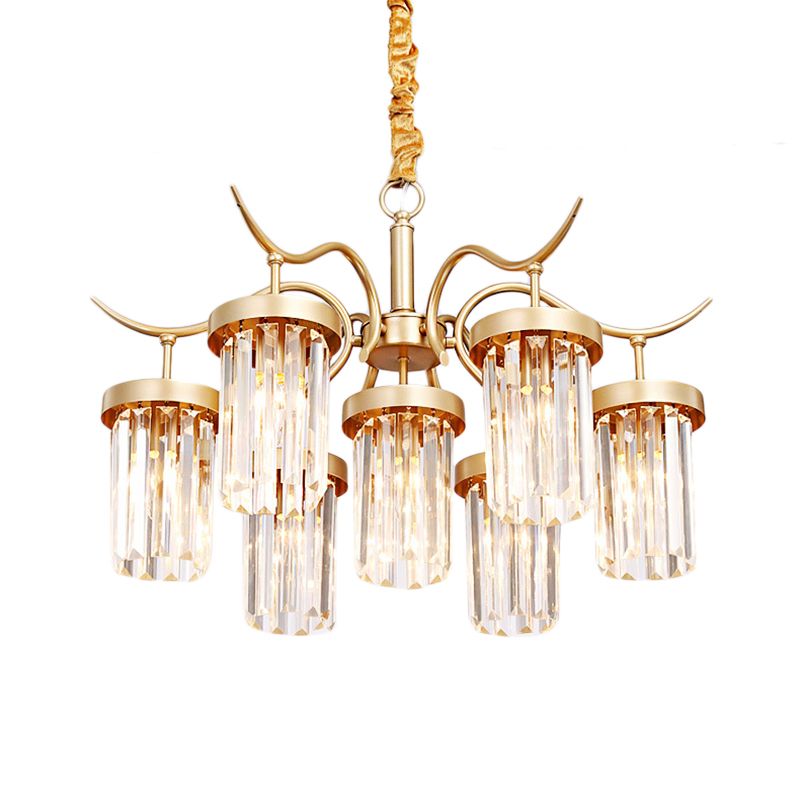 Crystal Cylindrical Chandelier Light Modernism 7/9-Head Hanging Ceiling Light in Brass