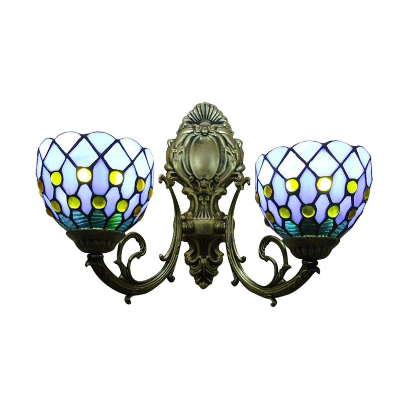 Blue Lattice Domed Wall Scone Two Lights Classic Tiffany Stained Glass Wall Light for Bar