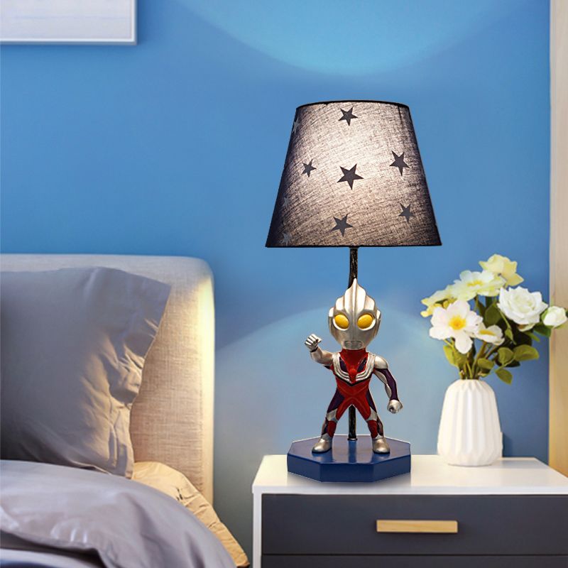 Blue Barrel/Trapezoid Table Lamp Kids 1 Head Fabric Nightstand Lighting with Ultraman Decoration