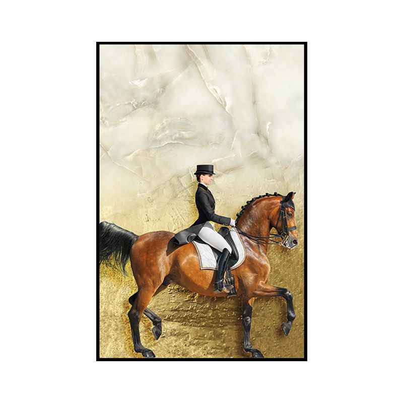 Lady Riding Horse Painting Art Print Vintage Canvas Wall Decor in Brown and Black