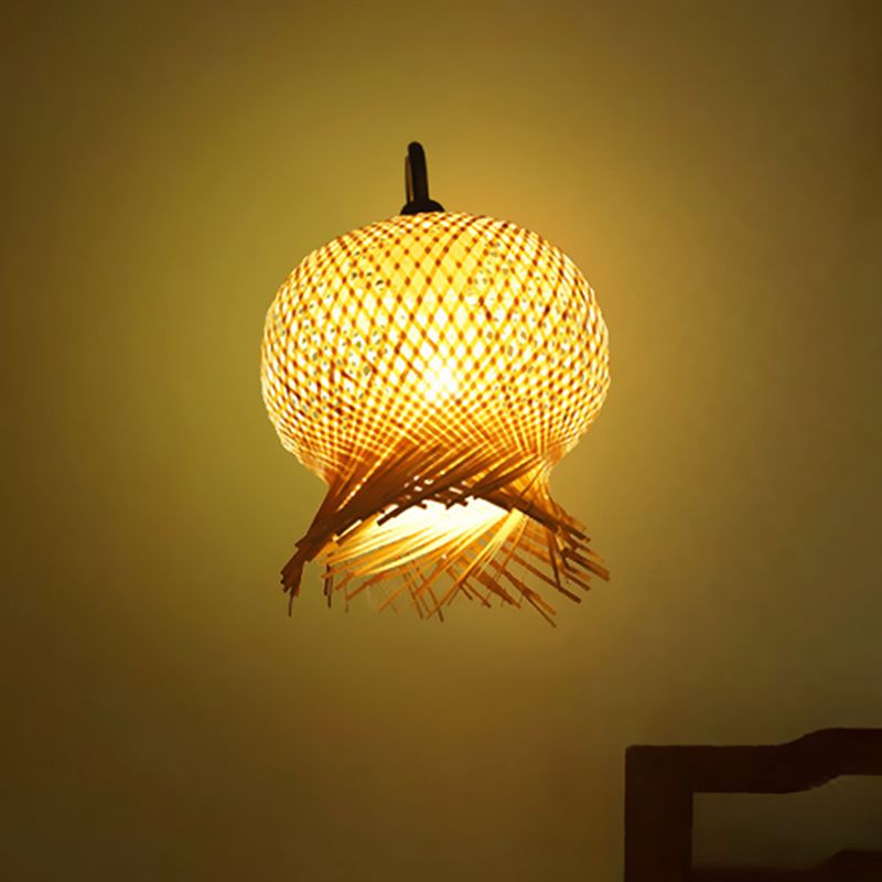 Bamboo Hand Woven Sconce Asia 1 lampe murale de tête à la tête en lin avec le bras en métal des bènes