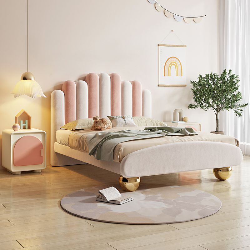 Solid Wood Platform Bed Pink & White Upholstered Standard Bed with Mattress