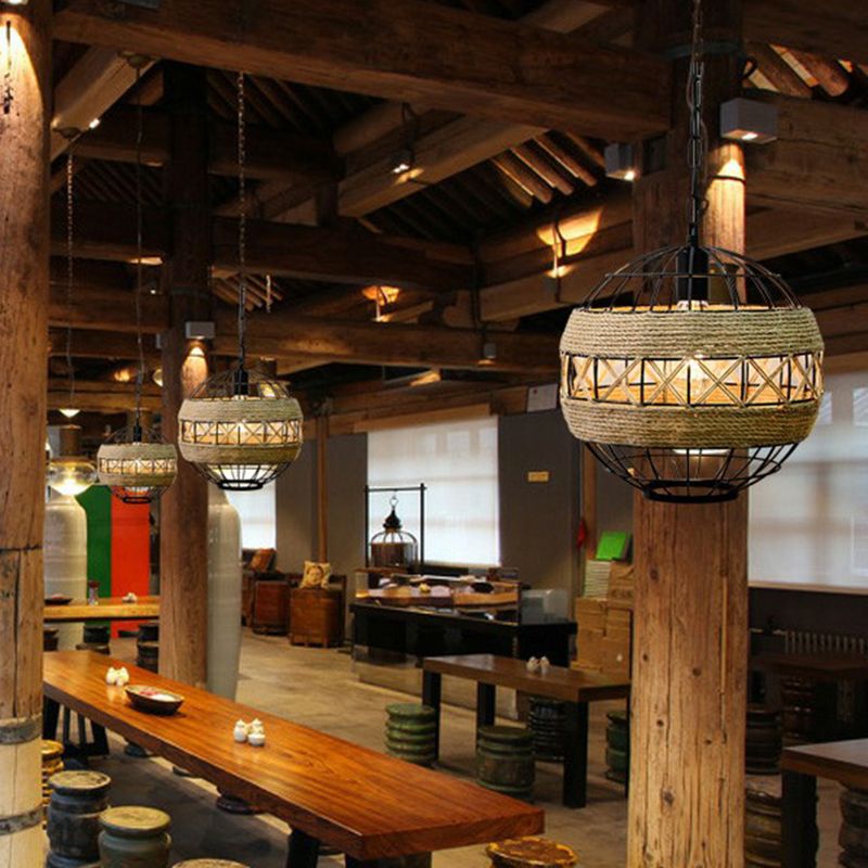 Hand-Wrapped Rope Caged Pendant Light Country Style 1 Bulb Restaurant Ceiling Lamp in Light Brown