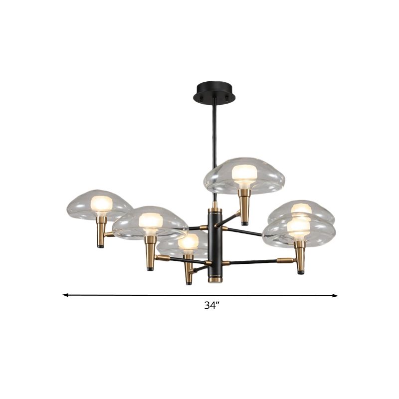 Clear Mushroom Shade Pendant Light Contemporary Metal Chandelier in Black for Boutique