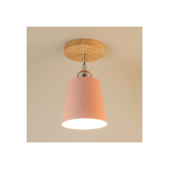 Metal Tapered Semi-Flush Mount Macaron Style 1 Bulb Bedroom Semi-Flush Ceiling Light in Yellow/Pink