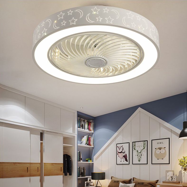 Modern Drum Shaped Fan Lamp Acrylic LED Bedroom Semi Flush Light in White with Remote