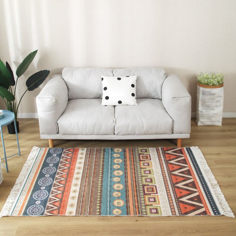 Bohemian Tribal Print Rug Fringe Design Carpet Washable Cotton Blend Indoor Rug for Living Room