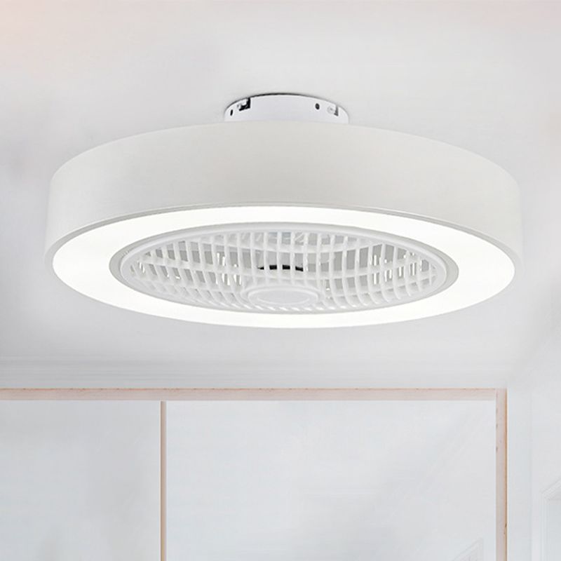 23" W Metal Circular Semi Flush Light Fixture Modern LED Bedroom Pendant Fan Lamp in Black/White, 3 Blades