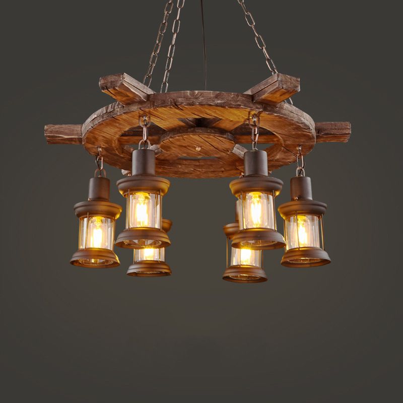 Black Wooden Boat Chandelier Retro Industrial Circular 6 Light Suspension Light for Dining Room Table