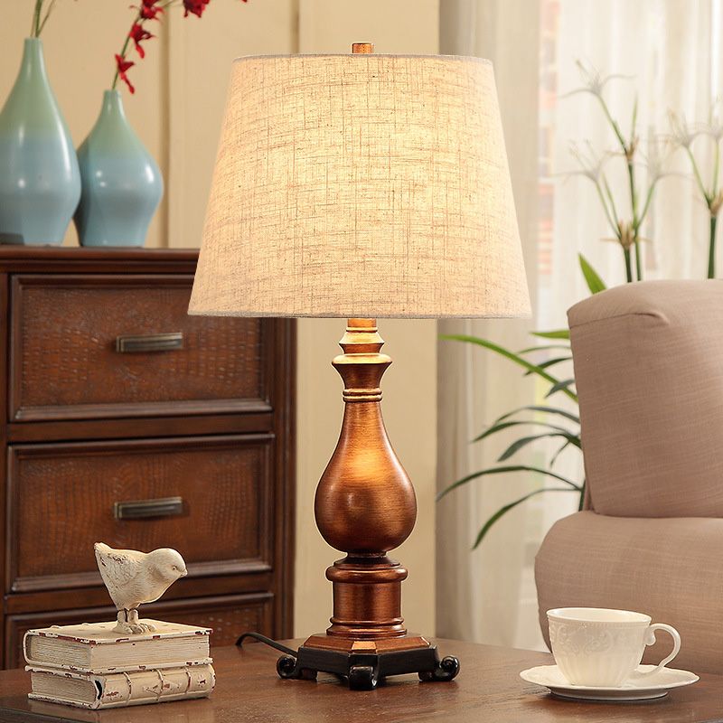 1-Head Night Lamp Vintage Tapered Fabric Table Lighting in Brown with Resin Vase Base