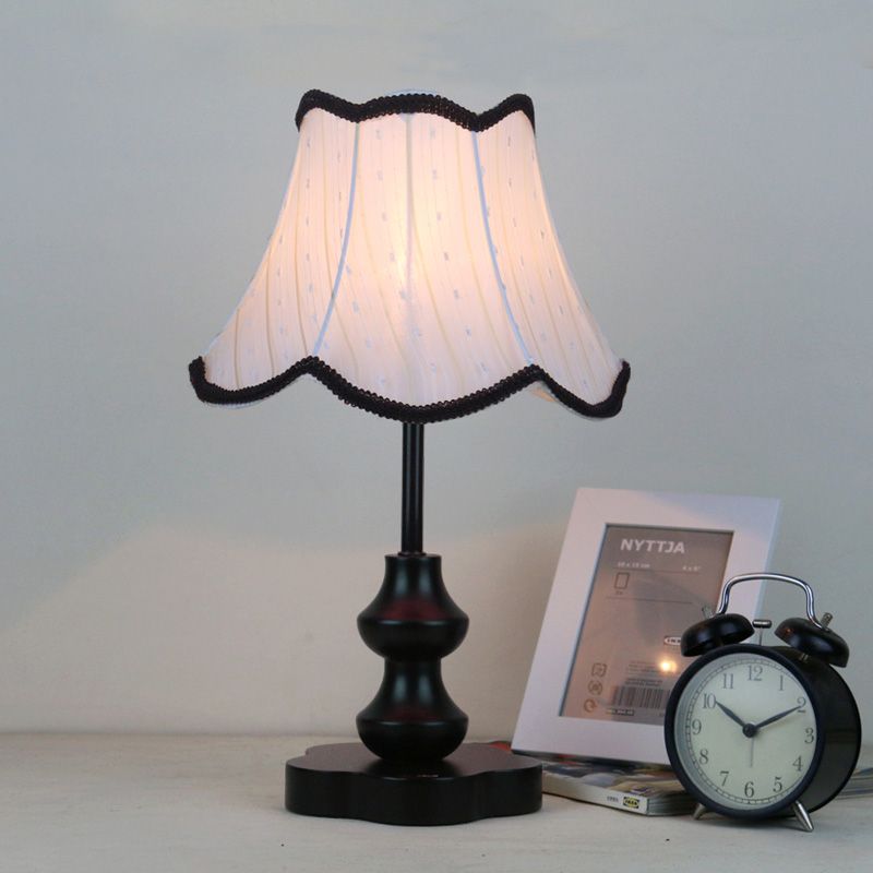 Traditional Flared Night Lamp 1 Head Fabric Nightstand Light with Braided Scalloped Trim in Black