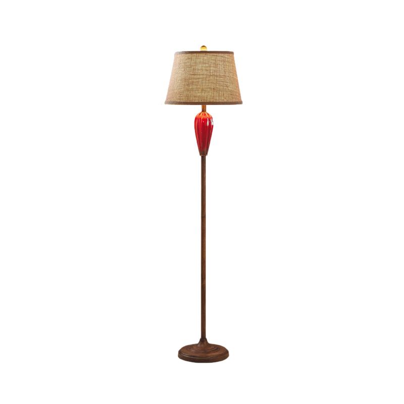 Red/Blue Urn Shape Standing Light Retro Style Porcelain 1 Head Guest Room Floor Lamp with Tapered Fabric Shade