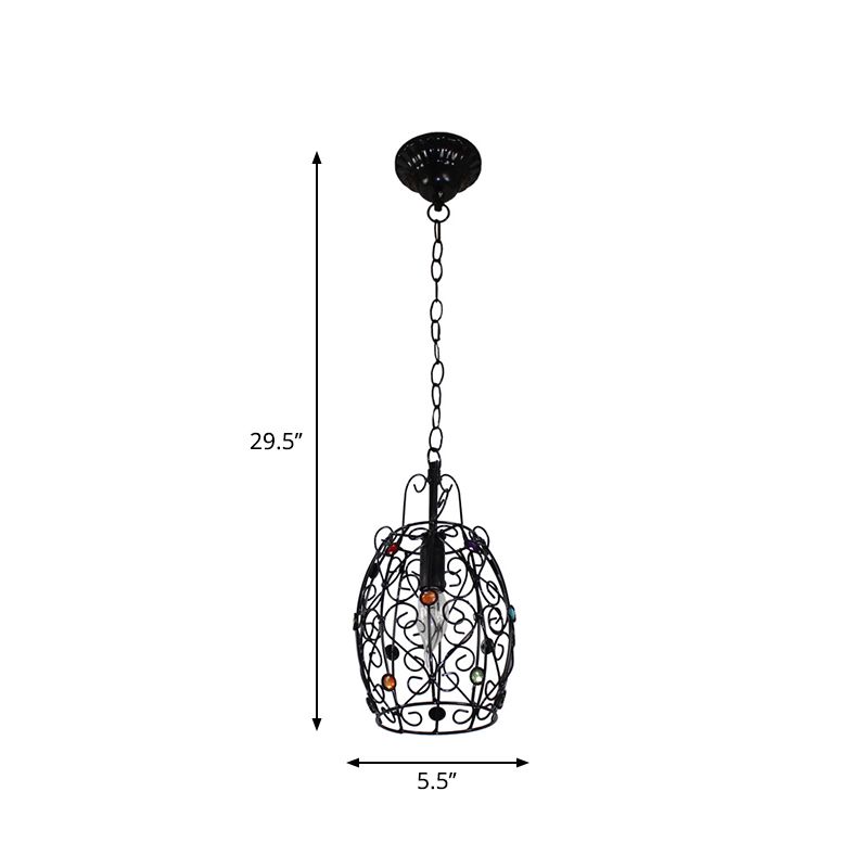 Barrel/Lantern/Scalloped Restaurant Pendant Rustic Iron 1 Light Black Hanging Ceiling Light with Colorful Bead Decor