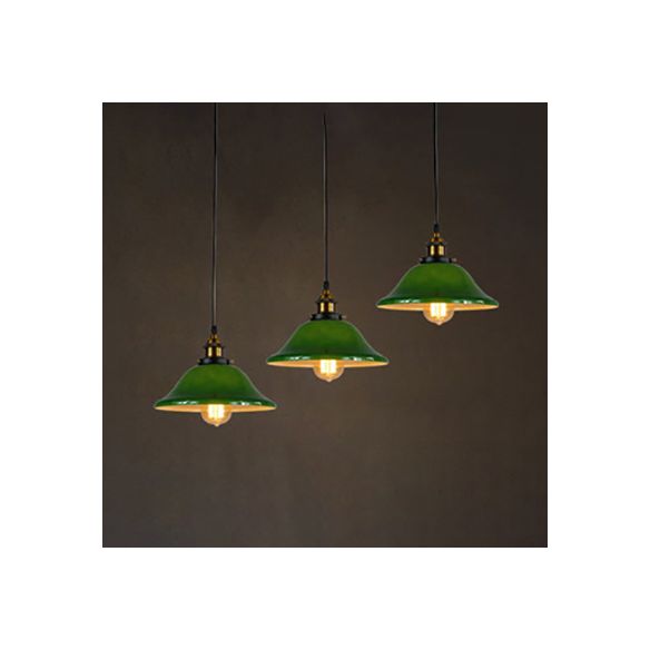 3 Lights Multiple Hanging Light Industrial Flared Green Glass Pendant Lighting in Brass