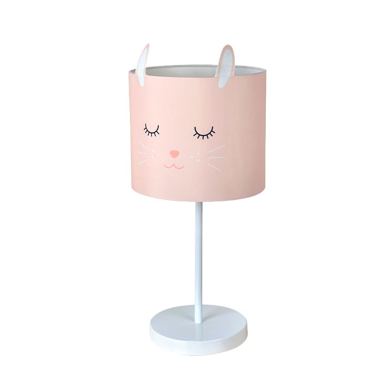 Contemporary Drum Table Lamp Fabric 1 Light Bedroom Night Light with Rabbit Pattern in White/Pink