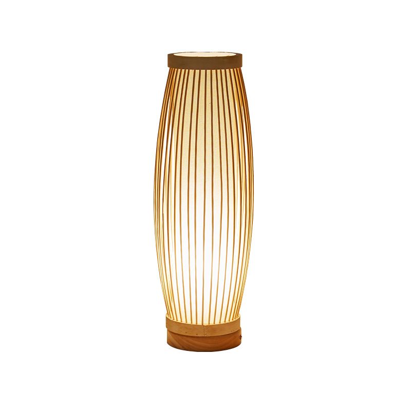 Wood Oblong Night Table Lamp Asian Style Single Bulb Bamboo Desk Light with Inner Cylinder Fabric Shade for Bedroom