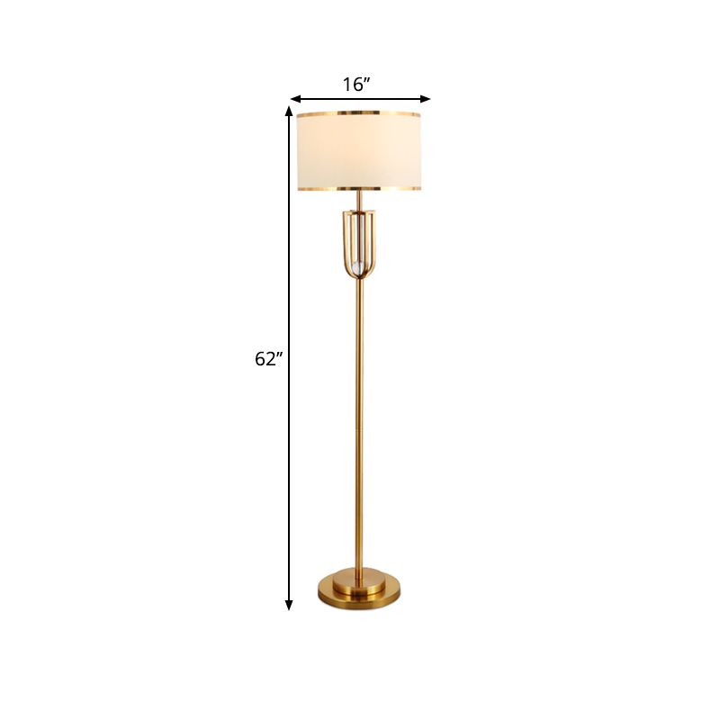 1-Head Intersected Frame Standing Light Traditional Bronze Metal Floor Lamp with White Drum Shade