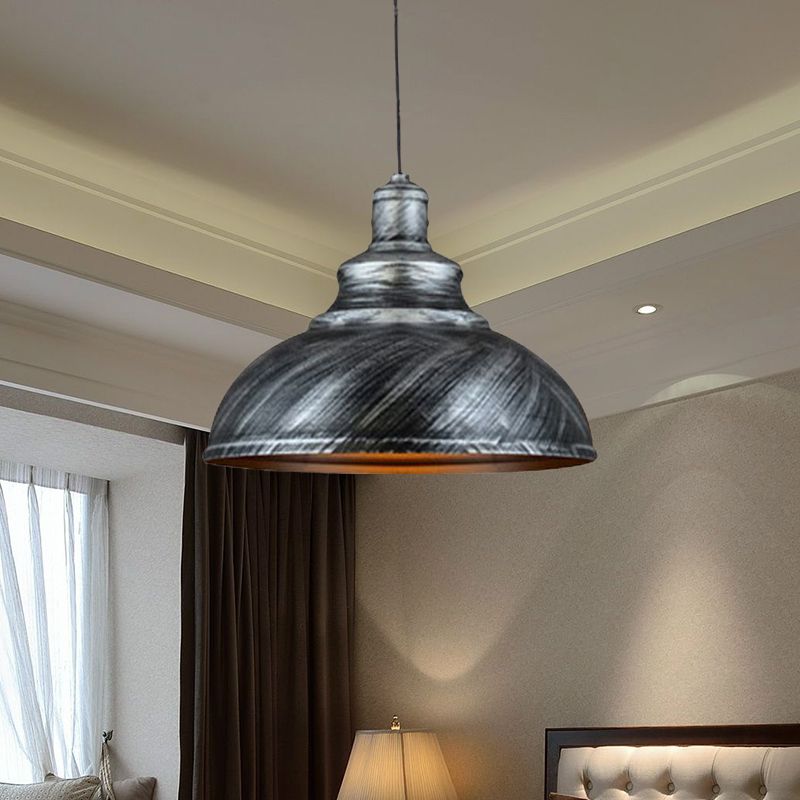 Bol en métal vers le bas d'éclairage rustique 1 bulbe Restaurant plafond pendant lampe en argent / bronze avec poulie