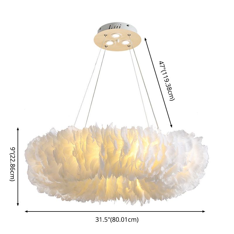 White Circular Hanging Lamp in Modern Fashionable Style Wrought Iron Chandelier with Feather Shade