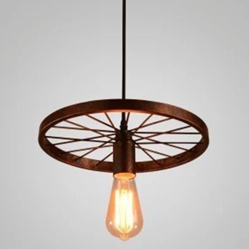 Metal Hanging Pendant Light Vintage Style Black Wagon Wheel Coffee Shop Suspension Lamp