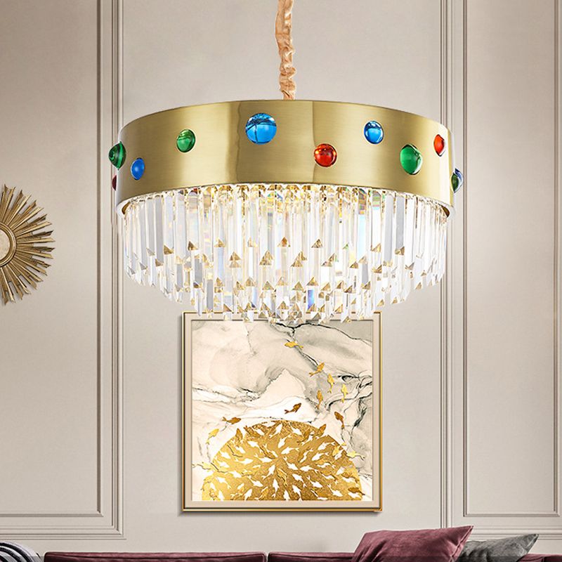 Metal Drum Hanging Chandelier with Gem Decoration Modernist Crystal 8 Heads Chandelier Lighting in Gold